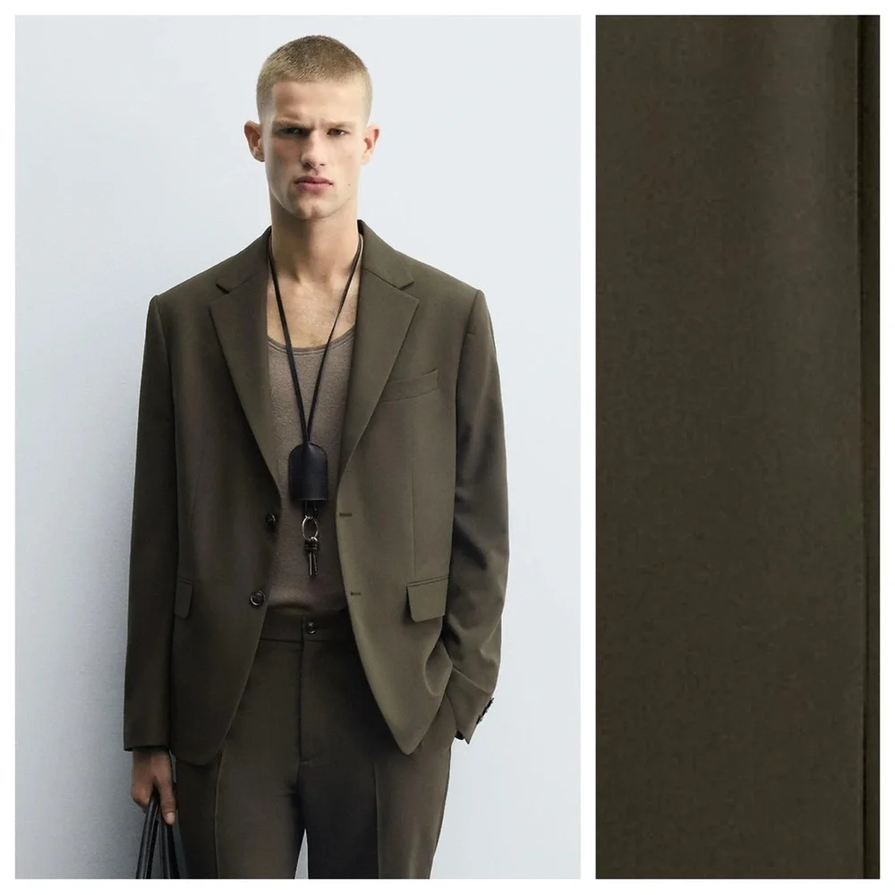 NWT. Zara Man Dark Khaki  Viscose Blend Slim Fit Suit Blazer.  Size L.